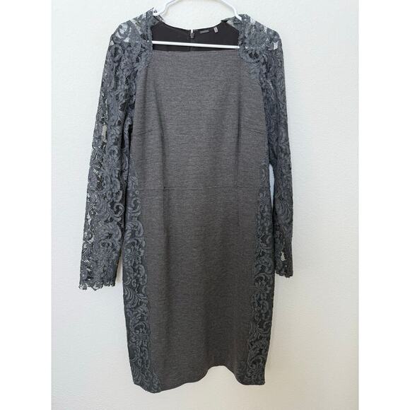 Elie Tahari Serena Dress Charcoal Grey Lace Long Sleeves Stretch 14 - Picture 1 of 8